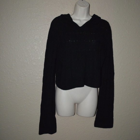 $675 Sz L Sablyn BlackCashmere Cable Knit Cropped Long Sleeve Hooded Sweater - Picture 1 of 6